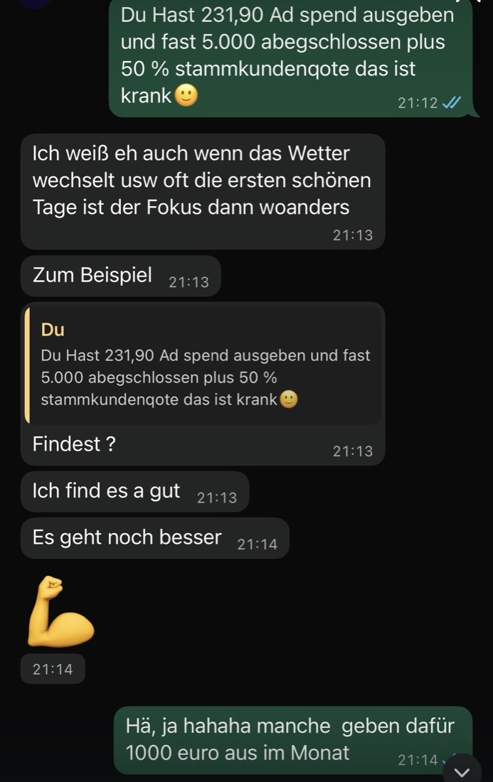 Chat: 231 Euro Werbebudget, fast 5.000 Euro Umsatz und 50 Prozent Stammkundenquote
