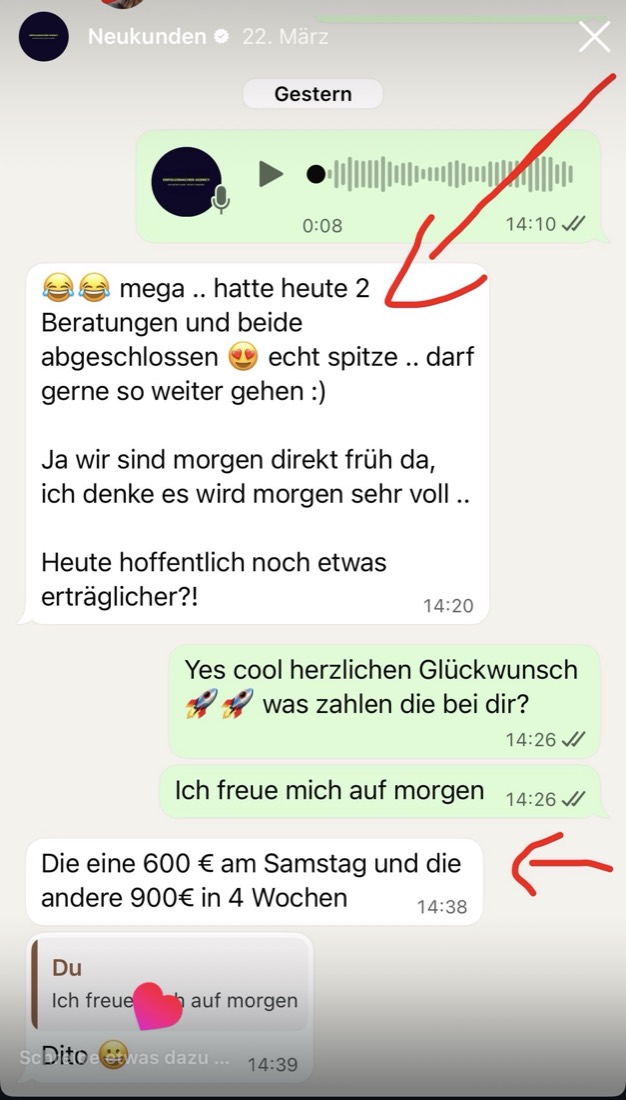 Chat: zwei Beratungen, beide abgeschlossen, 600 und 900 Euro