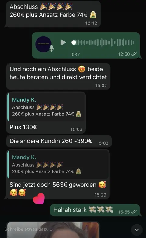 Chat: zwei Abschlüsse an einem Tag, zusammen 563 Euro