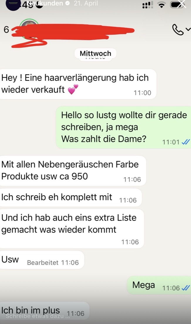 Chat: Haarverlängerung rund 950 Euro, ich bin im Plus
