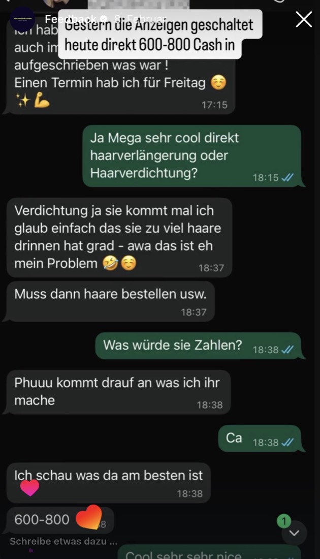 Chat: Anzeigen geschaltet, direkt 600 bis 800 Euro Umsatz